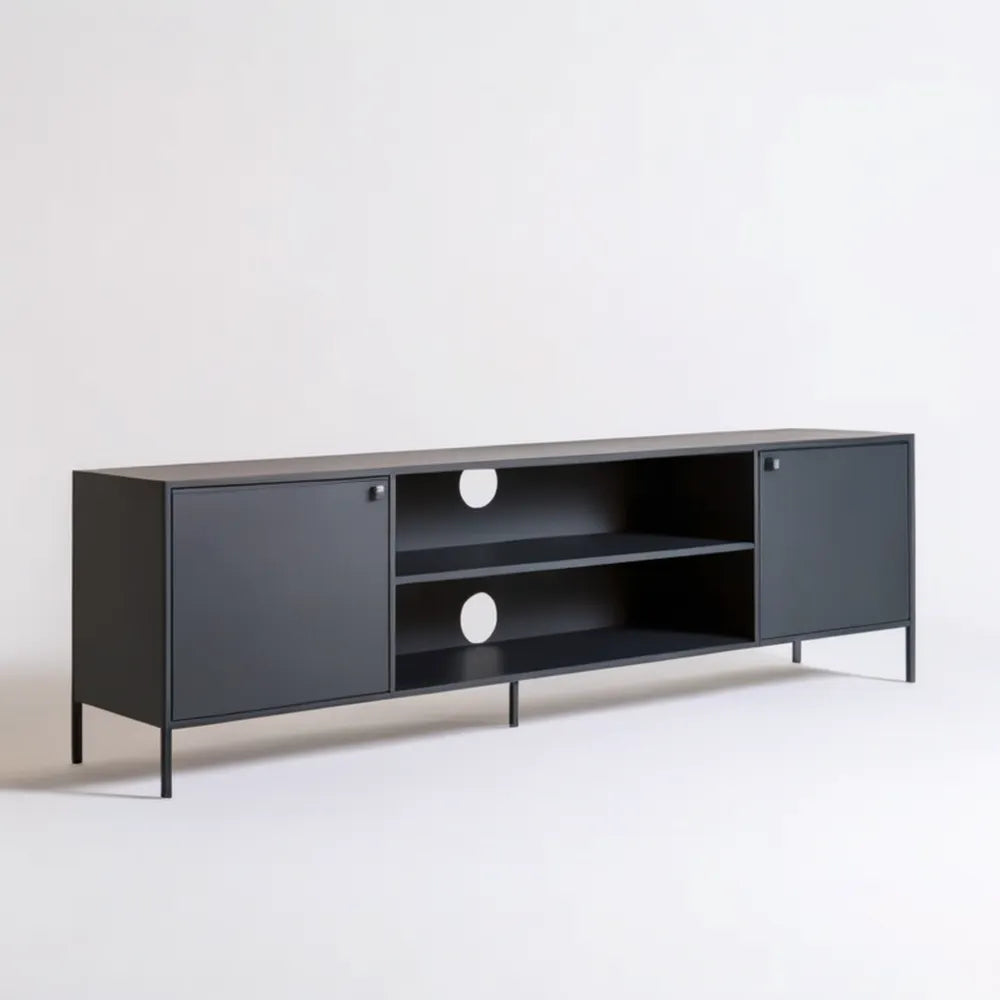Czarna szafka RTV z laminowanej płyty wiórowej 160 x 40 x 55 cm z 2 drzwiczkami