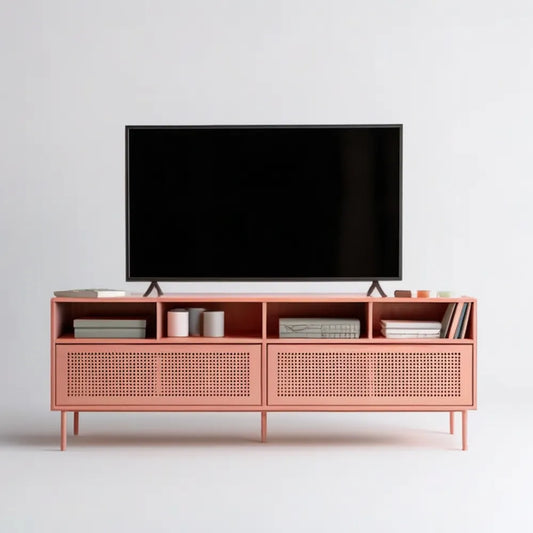 Różowa komoda RTV z płyty MDF 160 x 40 x 60 cm z perforowanymi frontami