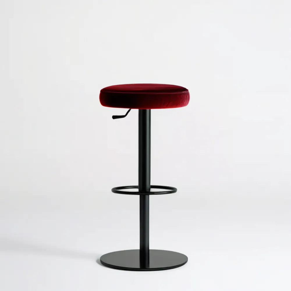 Regulowany hoker barowy z bordowym aksamitnym siedziskiem Ø 38 cm, wysokość 62–82 cm