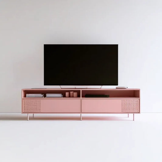 Różowa stalowa szafka RTV 180 x 40 x 55 cm z perforowanymi frontami