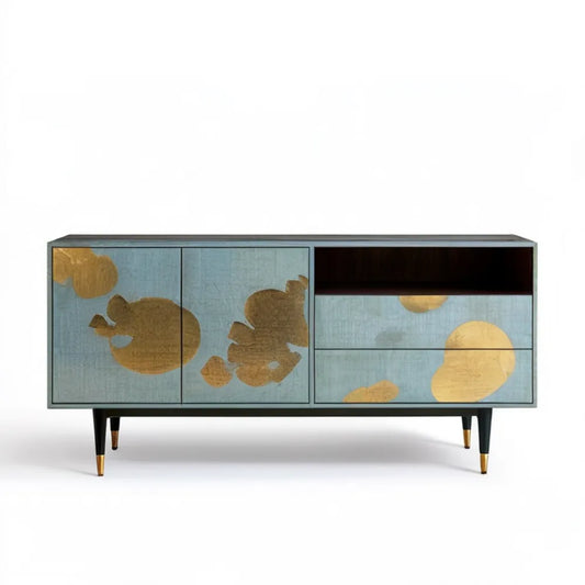 Szafka RTV z MDF niebieskoszara ze złotymi zdobieniami i czarnymi nogami, 160 × 40 × 75 cm