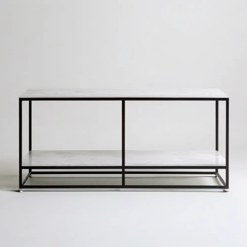 Szafka RTV 140 x 40 x 50 cm z 2 półkami, biała w marmurowy wzór, czarny stelaż