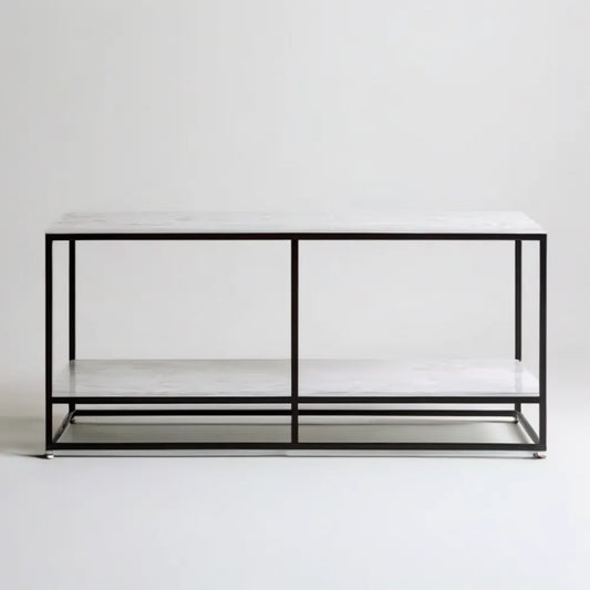 Szafka RTV 140 x 40 x 50 cm z 2 półkami, biała w marmurowy wzór, czarny stelaż