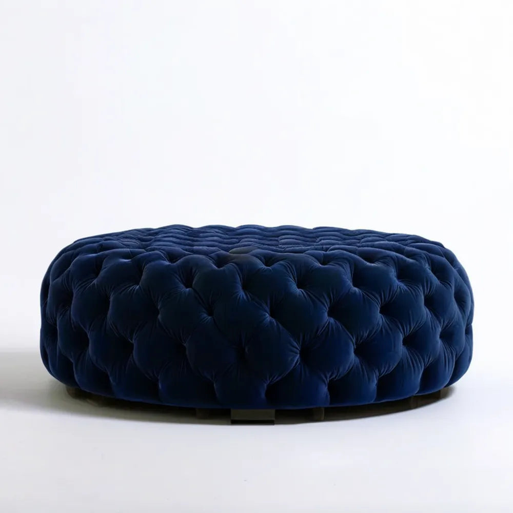 Okrągły pikowany podnóżek z aksamitu poliestrowego, granatowy, Ø 100 × 40 cm