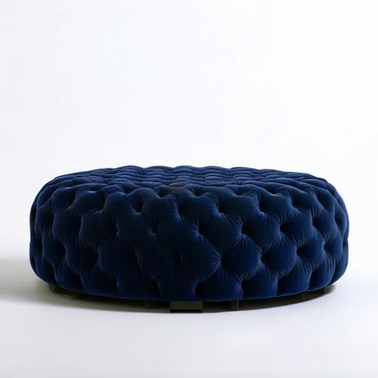 Okrągły pikowany podnóżek z aksamitu poliestrowego, granatowy, Ø 100 × 40 cm