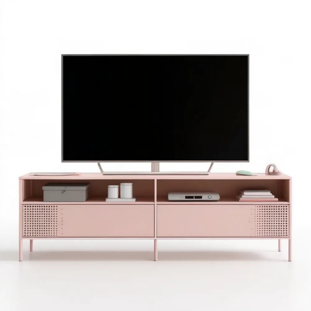 Różowa stalowa szafka RTV 160 x 40 x 60 cm z 2 perforowanymi drzwiami
