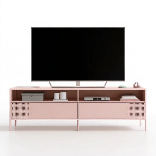 Różowa stalowa szafka RTV 160 x 40 x 60 cm z 2 perforowanymi drzwiami